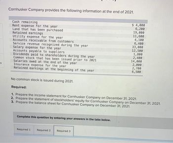 es
Cornhusker Company provides the following information at the end of 2021.
Cash remaining
Rent expense for the year
Land that has been purchased
Retained earnings
Utility expense for the year
Accounts receivable from customers
Service revenue recognized during the year
Salary expense for the year
Accounts payable to suppliers
Dividends paid to shareholders during the year
Common stock that has been issued prior to 2021
Salaries owed at the end of the year
Insurance expense for the year
Retained earnings at the beginning of the year
Complete this question by entering your answers in the tabs below.
Required 1
$ 4,000
6,200
19,000
11,600
No common stock is issued during 2021.
Required:
1. Prepare the income statement for Cornhusker Company on December 31, 2021.
2. Prepare the statement of stockholders' equity for Cornhusker Company on December 31, 2021.
3. Prepare the balance sheet for Cornhusker Company on December 31, 2021.
Required 2 Required 3.
4,100
6,400
33,000
12,500
1,800
2,400
14,000
2,000
2,700
6,500