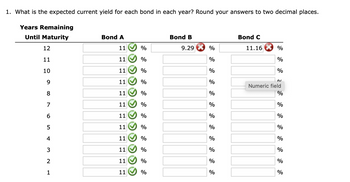 1. What is the expected current yield for each bond in each year? Round your answers to two decimal places.
Years Remaining
Until Maturity
12
11
10
9
8
7
6
5
4
3
2
1
Bond A
11
11
11
11
EE
11
11
11
11
EE
11
11
11
11
%
%
%
%
%
%
%
%
%
%
%
%
Bond B
9.29
%
%
%
%
%
%
%
%
%
%
%
%
Bond C
11.16
%
%
%
0%
Numeric field
%
%
%
%
%
%
%
%