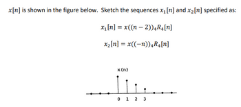 x[n] is shown in the figure below. Sketch the sequences x₁ [n] and x₂ [n] specified as:
x₁ [n] = x((n − 2))4R₁ [n]
x₂ [n] = x((-n))4R₁[n]
x (n)
II....
0 1 2 3