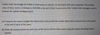 Golden Sales has bought $135,000 in fixed assets on January 1st associated with sales equipment. The residual value of these assets is estimated at $10,000 at the end of their 4-year service life. Golden Sales managers want to evaluate the options of depreciation.

(a) Compute the annual straight-line depreciation and provide the sample depreciation journal entry to be posted at the end of each of the years.

(b) Write the journal entries for each year of the service life for these assets using the double-declining balance method.