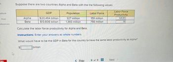 S
eBook
Print
eferences
Mc
Suppose there are two countries Alpha and Beta with the the following values
Population
327 million
1,393 million
Alpha
Beta
GDP
$20,494 billion
$13,608 billion
Labor Force
159 million
756 million
< Prev
Calculate the labor force productivity for Alpha and Beta.
Instructions: Enter your answers as whole numbers.
What would have to be the GDP in Beta for this country to have the same labor productivity as Alpha?
$billion
Labor Force
Productivity
128.89
18
9 of 9
Next