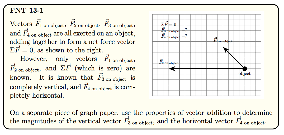 FNT 13-1
Vectors F
EF = 0
F3 on object =?
Fr on object =?
on object, F2 on object, F3 on object,
and F4 on object are all exerted on an object,
adding together to form a net force vector
EF = 0, as shown to the right.
However, only vectors Fi on object,
Ēzem-object-
on object
F2 on object, and EF (which is zero) are
It is known that F3 on object
object
known.
is
completely vertical, and F4 on object
pletely horizontal.
is com-
On a separate piece of graph paper, use the properties of vector addition to determine
the magnitudes of the vertical vector F3 on object, and the horizontal vector F4
on object.
