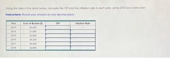 Using the data in the table below, calculate the CPI and the inflation rate in each year, using 2013 as a base year.
Instructions: Round your answers to one decimal place.
Year
2013
2014
2015
2016
2017
2018
Cost of Basket ($)
20,000
21,650
22,800
26,250
28,835
32,800
CPI
Inflation Rate