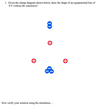 **Task:** Given the charge diagram shown below, draw the shape of an equipotential line of 0 V *without the simulation*.

**Description of the Diagram:**

- The diagram contains five charges: three positive charges and two negative charges.
- Positive charges (marked with a “+” symbol and represented in red) are positioned in a triangular formation.
- Two negative charges (marked with a “-” symbol and represented in blue) are placed, one above and one below the triangular formation of positive charges.

**Instructions:** Use the charge configurations to conceptualize and sketch the equipotential line of 0 V around these charges.

**Follow-Up:** Now verify your solution using the simulation…