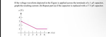 If the voltage waveform depicted in the Figure is applied across the terminals of a 1 µF capacitor,
graph the resulting current. (b) Repeat part (a) if the capacitor is replaced with a 17.5 pF capacitor.
v (V)
4
3
2
1
1
2 3 45 6
t(s)