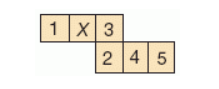 The image shows a configuration of numbered and lettered boxes arranged in a stepped pattern. The top row consists of three boxes with the numbers "1", "X", and "3". The second row, aligned under the "X" and "3", contains three additional boxes labeled "2", "4", and "5". This layout resembles the tetrominoes used in puzzle games and can be used for exercises involving spatial reasoning or sequence identification.