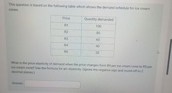 This question is based on the following table which shows the demand schedule for ice cream
cones.
Price
Quantity demanded
R1
100
R2
80
R3
60
R4
40
R5
20
20
What is the price elasticity of demand when the price changes from R4 per ice cream cone to R5 per
ice cream cone? Use the formula for arc elasticity. (Ignore the negative sign and round off to 2
decimal places.)
Answer: