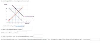 Consider the graph below, illustrating a positive externality.
Price
$69
$45
$33
$21---
12
20
a. What is the market equilibrium quantity?
D₂= marginal social benefit
Positive externality graph (text description)
b. What is the efficient quantity?
D, marginal private benefit
wwwwww
Quantity
c. What is the efficient price? Do not include the $ in your answer.
d. If the government wants to use a Pigovian subsidy to bring about the efficient level of output, what should the value of the subsidy be (per unit)? Do not include the $ in your answer.