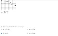 -4 -3 -2
-1
-1-
--2
--3
g(x)= - Vx –
2
On which interval is the function decreasing?
A. (-0,00)
о в. (-о,2)
о с. (2, о0)
D. (-0,0)
