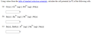 Using values from the table of standard reduction potentials, calculate the cell potential (in V) of the following cells.
3+
2+
(a) Cr(s) | Cr" (aq) || Pd´" (aq) | Pd(s)
2+
2+
(b) Zn(s) | Zn
(ag) || Ni^™ (ag) | Ni(s)
2+
(c) Zn(s), ZnS(s) | S´ (aq) || Sn" (ag) | Sn(s)
