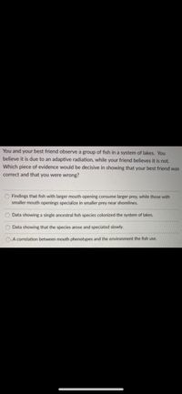 You and your best friend observe a group of fish in a system of lakes. You
believe it is due to an adaptive radiation, while your friend believes it is not.
Which piece of evidence would be decisive in showing that your best friend was
correct and that you were wrong?
O Findings that fish with larger mouth opening consume larger prey, while those with
smaller mouth openings specialize in smaller prey near shorelines.
O Data showing a single ancestral fish species colonized the system of lakes.
O Data showing that the species arose and speciated slowly.
A correlation between mouth phenotypes and the environment the fish use.
