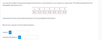 Let x be the number of potential weapons detected by a metal detector at an airport on a given day. The following table lists the
probability distribution of x.
2
3
5
P(x) 0.14 0.13 0.18 0.23 0.14 0.18
Calculate the mean and standard deviation for this probability distribution.
Round your answers to three decimal places.
mean=
i
standard deviation= i
