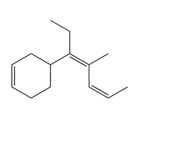 The image shows the structural formula of the organic compound beta-myrcene, a monoterpene. The structure consists of:

1. A six-membered benzene ring on the left side, indicative of its aromatic properties.
2. An isoprene unit, consisting of two methyl groups bonded to a vinyl group (CH₂=CH), which is connected to the benzene ring.
3. A double bond between the first and second carbon atoms from the benzene ring, denoting an alkene group.
4. An elongated carbon chain extending from the central carbon atom, ending with a double-bonded vinyl group on the right.

This structure is typical for a monoterpene, which is a class of terpenes with two isoprene units. Myrcene is significant in the fragrance industry and is found in essential oils such as ylang-ylang, verbena, and bay.