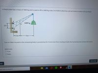 A fixed crane has a mass of 1000 kg and is used to lift a 2400 kg crate. It is held in place by a pin at A and a rocker at B as shown
A
2400 kg
1.5 m
-2 m-
4 m
Ture or False: At point A the contacting body is preventing the Crane truss from moving in both the horizontal and vertical directions.
Select one:
O True
INO False
Next page
age
(2
ype here to search
B
