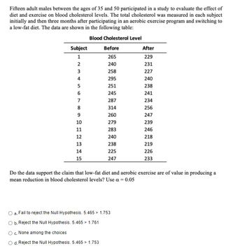 Fifteen adult males between the ages of 35 and 50 participated in a study to evaluate the effect of
diet and exercise on blood cholesterol levels. The total cholesterol was measured in each subject
initially and then three months after participating in an aerobic exercise program and switching to
a low-fat diet. The data are shown in the following table:
Blood Cholesterol Level
Subject
Before
After
1
265
229
2
240
231
3
258
227
4
295
240
5
251
238
6
245
241
7
287
234
8
314
256
9
260
247
10
279
239
11
283
246
12
240
218
13
238
219
14
225
226
15
247
233
Do the data support the claim that low-fat diet and aerobic exercise are of value in producing a
mean reduction in blood cholesterol levels? Use a = 0.05
a. Fail to reject the Null Hypothesis. 5.465 > 1.753
b. Reject the Null Hypothesis. 5.465 > 1.761
c. None among the choices
O d. Reject the Null Hypothesis. 5.465 > 1.753
27