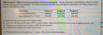 A techniques-Decision among mutually exclusive investments Pound Industries is attempting to select the best
of three mutually exclusive projects. The initial investment and after-tax cash inflows associated with these projects are
shown in the following table.
Cash flows
Initial investment (CF)
Project A
$60,000
Project B
$100,000
Project C
$90,000
Cash inflows (CF), t=1 to 5
$20,000
$31,500
$32,000
a. Calculate the payback period for each project.
b. Calculate the net present value (NPV) of each project, assuming that the firm has a cost of capital equal to 12%.
c. Calculate the internal rate of return (IRR) for each project.
d. Indicate which project you would recommend.
a. The payback period of project A is years. (Round to two decimal places.)
%
[7%