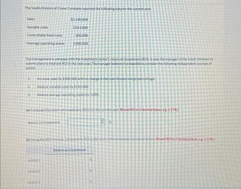 The South Division of Crane Company reported the following data for the current year.
Sales
Variable costs
Controllable fixed costs
Average operating assets
Top management is unhappy with the investment center's return on investment (ROI). It asks the manager of the South Division to
submit plans to improve ROI in the next year. The manager believes it is feasible to consider the following independent courses of
action.
N
1 Increase sales by $300,000 with no change in the contribution margin percentage.
Reduce variable costs by $155.000.
3. Reduce average operating assets by 3.00%.
2.
Return on Investment
$3,100,000
2,015,000
600,000
(a) Compute the return on investment (ROI) for the current year. (Round ROI to 2 decimal places, eg: 1.57%)
I
5,000,000
Action 1
(b) Using the ROI formula, compute the ROI under each of the proposed courses of action (Round ROI to 2 decimal places, eg 1.57%)
Action 2
Action 3
Return on investment i
5