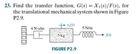 23. Find the transfer function, G(s) = X1(s)/F(s), for
the translational mechanical system shown in Figure
P2.9.
++ x1(1)
4 N-s/m
5 N/m
:5 kg
- f(t)
FIGURE P2.9
