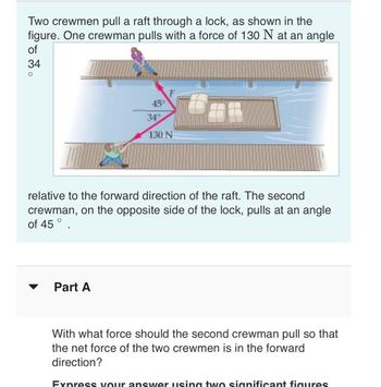 Two crewmen pull a raft through a lock, as shown in the
figure. One crewman pulls with a force of 130 N at an angle
of
34
°
45°
34°
130 N
relative to the forward direction of the raft. The second
crewman, on the opposite side of the lock, pulls at an angle
of 45°
Part A
With what force should the second crewman pull so that
the net force of the two crewmen is in the forward
direction?
Express your answer using two significant figures