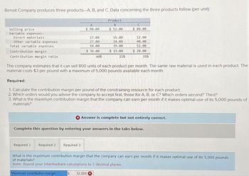 Benoit Company produces three products-A, B, and C. Data concerning the three products follow (per unit):
Product
B
$ 52.00
Selling price
Variable expenses:
Direct materials
Other variable expenses
Total variable expenses
Contribution margin
Contribution margin ratio
A
$90.00
Required 1
27.00
27.00
54.00
$36.00
Required 2 Required 3
40%
15.00
24.00
39.00
$ 13.00
25%
C
$ 80.00
The company estimates that it can sell 800 units of each product per month. The same raw material is used in each product. The
material costs $3 per pound with a maximum of 5,000 pounds available each month.
Required:
1. Calculate the contribution margin per pound of the constraining resource for each product.
2. Which orders would you advise the company to accept first, those for A, B, or C? Which orders second? Third?
3. What is the maximum contribution margin that the company can earn per month if it makes optimal use of its 5,000 pounds of
materials?
$ 32,800 X
12.00
40.00
52.00
$28.00
35%
Complete this question by entering your answers in the tabs below.
Answer is complete but not entirely correct.
What is the maximum contribution margin that the company can earn per month if it makes optimal use of its 5,000 pounds
of materials?
Note: Round your intermediate calculations to 2 decimal places.
Maximum contribution margin