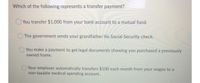 Which of the following represents a transfer payment?
O You transfer $1,000 from your bank account to a mutual fund.
The government sends your grandfather his Social Security check.
O You make a payment to get legal documents showing you purchased a previously
owned home.
Your employer automatically transfers $100 each month from your wages to a
non-taxable medical spending account.
