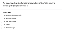 We could say that the functional equivalent of the TATA binding
protein (TBP) in prokaryotes is:
Select one:
a. a sigma factor protein
b. a holoenzyme.
c. the Rho factor.
d. TFIID.
e. hairpin loops.
