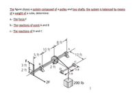 The figure shows a system composed of a pulley and two shafts, the system is balanced by means
of a weight of a cube, determine:
a.- The force F
b.- The reactions of point A and B
c.- The reactions of D and C
10 ft
5 f
10 ft
3 ft
B
2 ft
D
2 ft
4 ft
2F
200 lb
