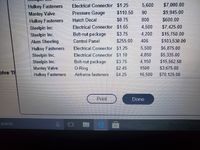 5,600
$7,000.00
Hulkey FastenerS
Manley Valve
Hulkey Fasteners
Steelpin Inc.
Steelpin Inc.
Alum Sheeting
Electrical Connector $1.25
Pressure Gauge
$110.50
90
$9,945.00
Hatch Decal
$0.75
800
$600.00
Electrical Connector $1.65
4,500
$7,425.00
Bolt-nut package
$3.75
4,200
$15,750.00
Control Panel
$255.00
406
$103,530.00
Electrical Connector $1.25
5,500
S6,875.00
S5,335 00
Hulkey Fasteners
Steelpin Inc.
Steelpin Inc.
Manley Valve
Hulkey Fasteners
Electrical Connector $1.10
4,850
Bolt-nut package
O-Ring
$3.75
4,150
S15.562.50
S3,675 00
S70,125.00
S2.45
1500
plve TH
16,500
Airframe fasteners
$4.25
Print
Done
search
