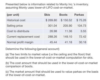 Presented below is information related to Monty Inc.'s inventory.
assuming Monty uses lower-of-LIFO cost-or-market.
(per unit)
Skis
Boots
Parkas
Historical cost
$269.80
$ 150.52
$ 75.26
Selling price
301.04
205.90
104.73
Cost to distribute
26.98
11.36
3.55
Current replacement cost
288.26
149.10
72.42
Normal profit margin
45.44
41.18
30.18
Determine the following: (general account)
(a) The two limits to market value (i.e the ceiling and the floor) that
should be used in the lower-of-cost-or-market computation for skis.
(b) The cost amount that should be used in the lower-of-cost-or-market
comparison of boots.
(c) The market amount that should be used to value parkas on the basis
of the lower-of-cost-or-market.