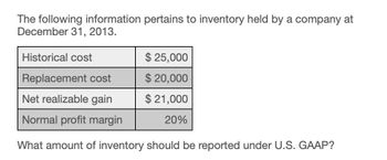 The following information pertains to inventory held by a company at
December 31, 2013.
Historical cost
$ 25,000
Replacement cost
$ 20,000
Net realizable gain
$ 21,000
Normal profit margin
20%
What amount of inventory should be reported under U.S. GAAP?