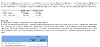 Munoz Sporting Equipment manufactures baseball bats and tennis rackets. Department B produces the baseball bats, and Department
T produces the tennis rackets. Munoz currently uses plantwide allocation to allocate its overhead to all products. Direct labor cost is
the allocation base. The rate used is 200 percent of direct labor cost. Last year, revenue, materials, and direct labor were as follows.
Sales revenue
Direct labor
Direct materials
Baseball Bats Tennis Rackets
$1,350,000
250,000
550,000
a.
b.
Required:
a. Compute the profit for each product using plantwide allocation.
b. Maria, the manager of Department T, was convinced that tennis rackets were really more profitable than baseball bats. She asked
her colleague in accounting to break down the overhead costs for the two departments. She discovered that had department rates
been used, Department B would have had a rate of 150 percent of direct labor cost and Department T would have had a rate of 300
percent of direct labor cost. Recompute the profits for each product using each department's allocation rate (based on direct labor
cost).
$900,000
125,000
275,000
Using plantwide allocation
Using department's allocation rate
Baseball
Bats
Profit
Tennis
Rackets