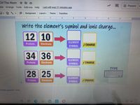 G9 The Atom D O
DPresent
lide Arrange Tools Add-ons Help
Last edit was 21 minutes ago
田
Background
Layout -
Theme
Transition
|I 1 2
4 I 5. 16 7
8
Write the element's symbol and ionic charge.
12 10
ELEMENT
Protons
Electrons
CHARGE
SYMBOL
34 36
ELEMENT
Protons
Electrons
CHARGE
SYMBOL
ΤΥΡΕ
28 25
ELEMENT
Protons
Electrons
CHARGE
SYMBOL
Teari Te
to add speaker notes
POR
PTB2
