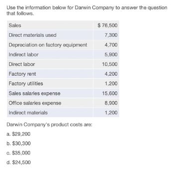 Use the information below for Darwin Company to answer the question
that follows.
Sales
$ 76,500
Direct materials used
7,300
Depreciation on factory equipment
4,700
Indirect labor
5,900
Direct labor
10,500
Factory rent
4,200
Factory utilities
1,200
Sales salaries expense
15,600
Office salaries expense
8,900
Indirect materials
1,200
Darwin Company's product costs are:
a. $29,200
b. $30,300
c. $35,000
d. $24,500