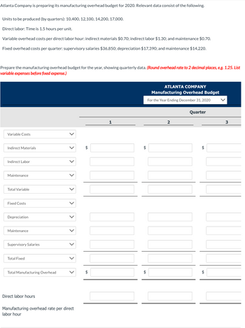 Atlanta Company is preparing its manufacturing overhead budget for 2020. Relevant data consist of the following.
Units to be produced (by quarters): 10,400, 12,100, 14,200, 17,000.
Direct labor: Time is 1.5 hours per unit.
Variable overhead costs per direct labor hour: indirect materials $0.70; indirect labor $1.30; and maintenance $0.70.
Fixed overhead costs per quarter: supervisory salaries $36,850; depreciation $17,390; and maintenance $14,220.
Prepare the manufacturing overhead budget for the year, showing quarterly data. (Round overhead rate to 2 decimal places, e.g. 1.25. List
variable expenses before fixed expense.)
Variable Costs
Indirect Materials
Indirect Labor
Maintenance
Total Variable
Fixed Costs
Depreciation
Maintenance
Supervisory Salaries
Total Fixed
Total Manufacturing Overhead
Direct labor hours
Manufacturing overhead rate per direct
labor hour
$
$
1
$
$
ATLANTA COMPANY
Manufacturing Overhead Budget
For the Year Ending December 31, 2020
2
Quarter
$
$
3