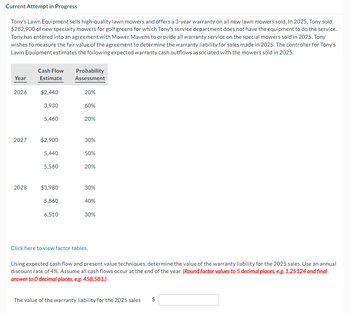 Current Attempt in Progress
Tony's Lawn Equipment sells high-quality lawn mowers and offers a 3-year warranty on all new lawn mowers sold. In 2025, Tony sold
$282,900 of new specialty mowers for golf greens for which Tony's service department does not have the equipment to do the service.
Tony has entered into an agreement with Mower Mavens to provide all warranty service on the special mowers sold in 2025. Tony
wishes to measure the fair value of the agreement to determine the warranty liability for sales made in 2025. The controller for Tony's
Lawn Equipment estimates the following expected warranty cash outflows associated with the mowers sold in 2025.
Year
2026
2027
2028
Cash Flow
Estimate
$2,440
3,930
5,460
$2,900
5,440
5,560
$3,980
5,860
6,510
Probability
Assessment
20%
60%
20%
30%
50%
20%
30%
40%
30%
Click here to view factor tables.
Using expected cash flow and present value techniques, determine the value of the warranty liability for the 2025 sales. Use an annual
discount rate of 4%. Assume all cash flows occur at the end of the year. (Round factor values to 5 decimal places, e.g. 1.25124 and final
answer to O decimal places, e.g. 458,581.)
The value of the warranty liability for the 2025 sales
$
LA