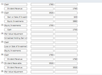 (1) Cash
1760
Dividend Revenue
1760
(2) Cash
3520
Gain on Sale of Investn
640
Equity Investments
2880
(3) Equity Investments
1700
Cash
1700
(4) Fair Value Adjustment
Unrealized Holding Gain or
(5) Cash
Loss on Sale of Investmen
Equity Investments
(6) Cash
1760
Dividend Revenue
1760
(7) Dividend Receivable
3520
Dividend Revenue
3520
(8) Fair Value Adjustment
