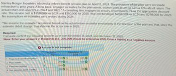 Stanley-Morgan Industries adopted a defined benefit pension plan on April 12, 2024. The provisions of the plan were not made
retroactive to prior years. A local bank, engaged as trustee for the plan assets, expects plan assets to earn a 10% rate of return. The
actual return was also 10% in 2024 and 2025.* A consulting firm, engaged as actuary, recommends 6% as the appropriate discount
rate. The service cost is $250,000 for 2024 and $360,000 for 2025. Year-end funding is $260,000 for 2024 and $270,000 for 2025.
No assumptions or estimates were revised during 2024.
We assume the estimated return was based on the actual return on similar investments at the inception of the plan and that, since the
estimate didn't change, that also was the actual rate in 2025.
Required:
Calculate each of the following amounts as of both December 31, 2024, and December 31, 2025:
Note: Enter your answers in thousands (i.e., 200,000 should be entered as 200). Enter a liability as a negative amount.
Answer is not complete.
December 31,
2024
December 31,
2025
1. Projected benefit obligation
$
250
$
625
2. Plan assets
$
260
$
556
3. Pension expense
$
250
4. Net pension asset (liability)
$
(10)
$
69
☑