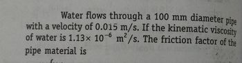 holes
Water flows through a 100 mm diameter pipe
with a velocity of 0.015 m/s. If the kinematic viscosity
of water is 1.13× 106 m²/s. The friction factor of the
pipe material is