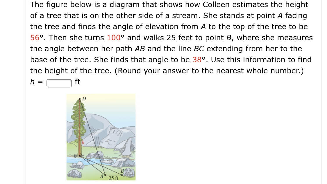 The figure below is a diagram that shows how Colleen estimates the height
of a tree that is on the other side of a stream. She stands at point A facing
the tree and finds the angle of elevation from A to the top of the tree to be
56°. Then she turns 100° and walks 25 feet to point B, where she measures
the angle between her path AB and the line BC extending from her to the
base of the tree. She finds that angle to be 38°. Use this information to find
the height of the tree. (Round your answer to the nearest whole number.)
ft
A 25 ft
