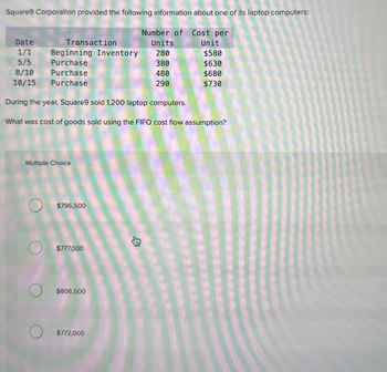 Square9 Corporation provided the following information about one of its laptop computers:
Number of Cost per
Date
1/1
Transaction
Units
Unit
Beginning Inventory
280
$580
5/5
Purchase
380
$630
8/10 Purchase
480
$680
10/15
Purchase
290
$730
During the year, Square9 sold 1,200 laptop computers.
What was cost of goods sold using the FIFO cost flow assumption?
Multiple Choice
О
$796,500
$777,000
$806,500
$772,000