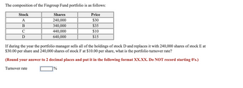 The composition of the Fingroup Fund portfolio is as follows:
Stock
A
B
C
D
Shares
240,000
340,000
440,000
640,000
Price
$30
$35
$10
$15
If during the year the portfolio manager sells all of the holdings of stock D and replaces it with 240,000 shares of stock E at
$30.00 per share and 240,000 shares of stock F at $10.00 per share, what is the portfolio turnover rate?
(Round your answer to 2 decimal places and put it in the following format XX.XX. Do NOT record starting 0's.)
Turnover rate
1%