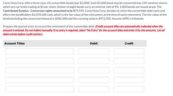 Carla Vista Corp. offers three-year, 6% convertible bonds (par $1,000). Each $1,000 bond may be converted into 145 common shares,
which are currently trading at $3 per share. Similar straight bonds carry an interest rate of 9%. 1,000 bonds are issued at par. The
Contributed Surplus - Conversion rights amounted to be $75,939. Carla Vista Corp. decides to retire the convertible debt early and
offers the bondholders $1,070,100 cash, which is the fair value of the instrument at the time of early retirement. The fair value of the
bond (excluding the conversion feature) is $982,500 and the carrying value is $972,700. Assume ASPE is followed.
Prepare the journal entry to record the retirement of the convertible debt. (Credit account titles are automatically indented when the
amount is entered. Do not indent manually. If no entry is required, select "No Entry" for the account titles and enter O for the amounts. List all
debit entries before credit entries.)
Account Titles
Debit
Credit