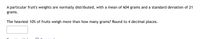 A particular fruit's weights are normally distributed, with a mean of 604 grams and a standard deviation of 21
grams.
The heaviest 10% of fruits weigh more than how many grams? Round to 4 decimal places.
