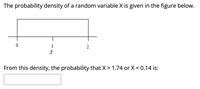 The probability density of a random variable X is given in the figure below.
1
2
From this density, the probability that X > 1.74 or X < 0.14 is:
