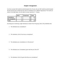 **Chapter 3 Assignment**

You have surveyed 100 randomly selected people 18 to 35 years old, and 100 randomly selected people 36 years old and over to determine the rates of smartphone use in different age groups. The results are shown in the table below. Use this table to answer questions 1 – 5 below.

|                 | 18-35 | 36 and over | Total |
|-----------------|-------|-------------|-------|
| Smartphone      | 57    | 46          | 103   |
| No smartphone   | 13    | 44          | 57    |
| Total           | 70    | 90          | 160   |

Assuming we are selecting a single individual at random from this group, what is the probability that:

1. The individual uses a smartphone?

2. The individual is 18 to 35 and uses a smartphone?

3. The individual uses a smartphone or is 36 and over?

4. The individual uses a smartphone, given that they are 18 to 35?

5. The individual is 18 to 35, given that they use a smartphone?