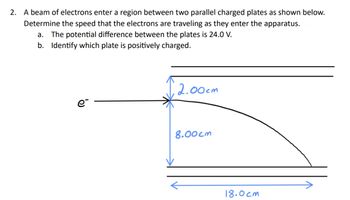 2. A beam of electrons enter a region between two parallel charged plates as shown below.
Determine the speed that the electrons are traveling as they enter the apparatus.
a. The potential difference between the plates is 24.0 V.
b. Identify which plate is positively charged.
2.00cm
8.00cm
18.0см