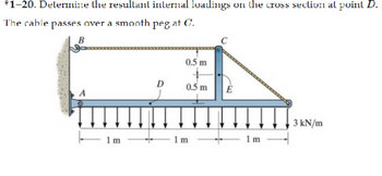 *1-20. Determine the resultant internal loadings on the cross section al point D.
The cable passes over a smooth peg at C.
B
A
1 m
D
0.5 m
0.5 m
1m
C
E
1m
3 kN/m