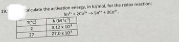 19.
Calculate the activation energy, in kJ/mol, for the redox reaction:
Sn2+ + 2CO³+ Sn4+ + 2Co²+.
T(°C)
2
27
k (M-¹s ¹)
3.12 x 10-3
27.0 x 10-3