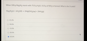 When 100.g Mg3N2 reacts with 75.0 g H₂O, 15.0 g of NH3 is formed. What is the % yield?
Mg3N2(s) + 6H2O(l) → 3Mg(OH)2(aq) + 2NH3(g)
O 21.2%
50.0%
O 15.0%
20.0%
63.6%