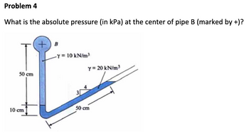 Problem 4
What is the absolute pressure (in kPa) at the center of pipe B (marked by +)?
50 cm
10 cm
+ B
-Y = 10 kN/m³
3
Y = 20 kN/m³
50 cm